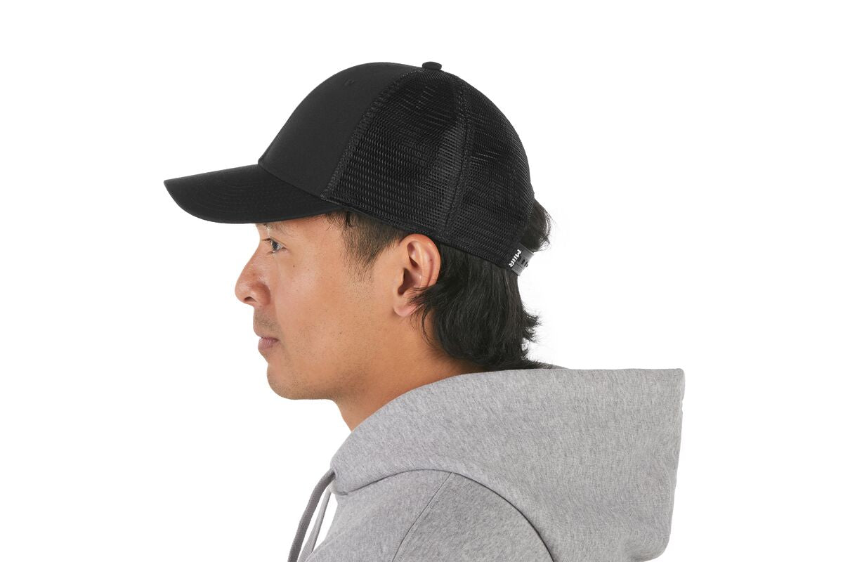 recycled-poly-low-profile-trucker-hat-s2 WebPDP-HAT002002_Recycled_Poly_Low_Profile_Trucker_Hat_Black_Studio_Harper_Studios_0723_Back__HAT002002OS.jpg