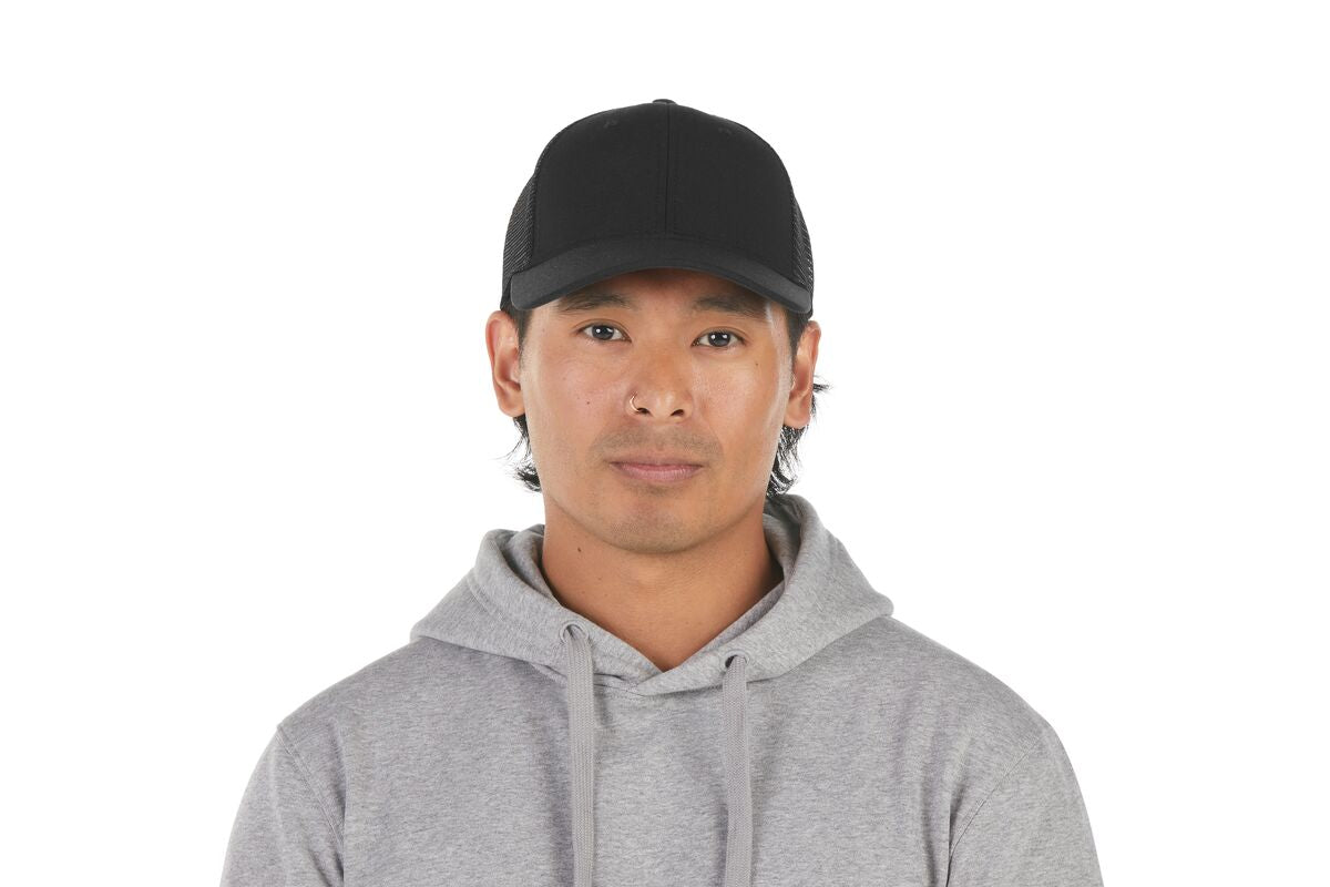 recycled-poly-low-profile-trucker-hat-s2 WebPDP-HAT002002_Recycled_Poly_Low_Profile_Trucker_Hat_Black_Studio_Harper_Studios_0723_Front__HAT002002OS.jpg